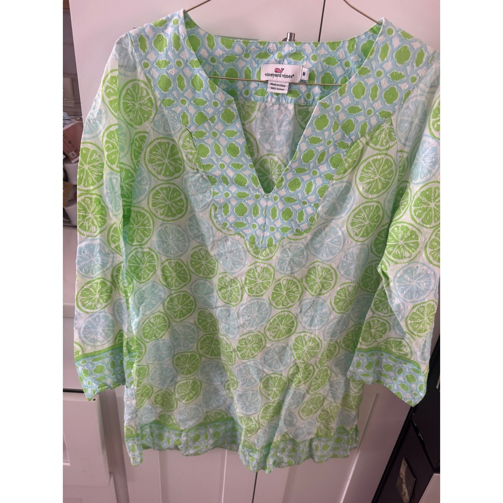 Vineyard Vines Womens Lime Lemon Citrus Print Cotton Tunic V-Neck Top Green Blue